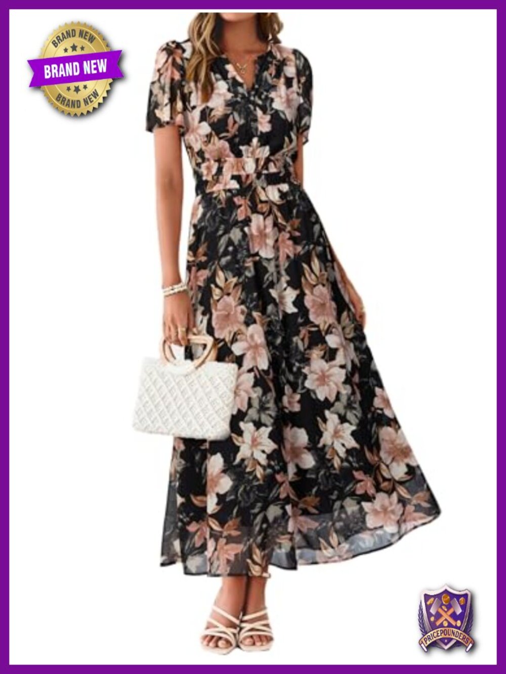 Women Floral Summer Maxi Dress Boho Flowy Casual Chiffon Short Sleeves V Neck - Picture 1 of 6